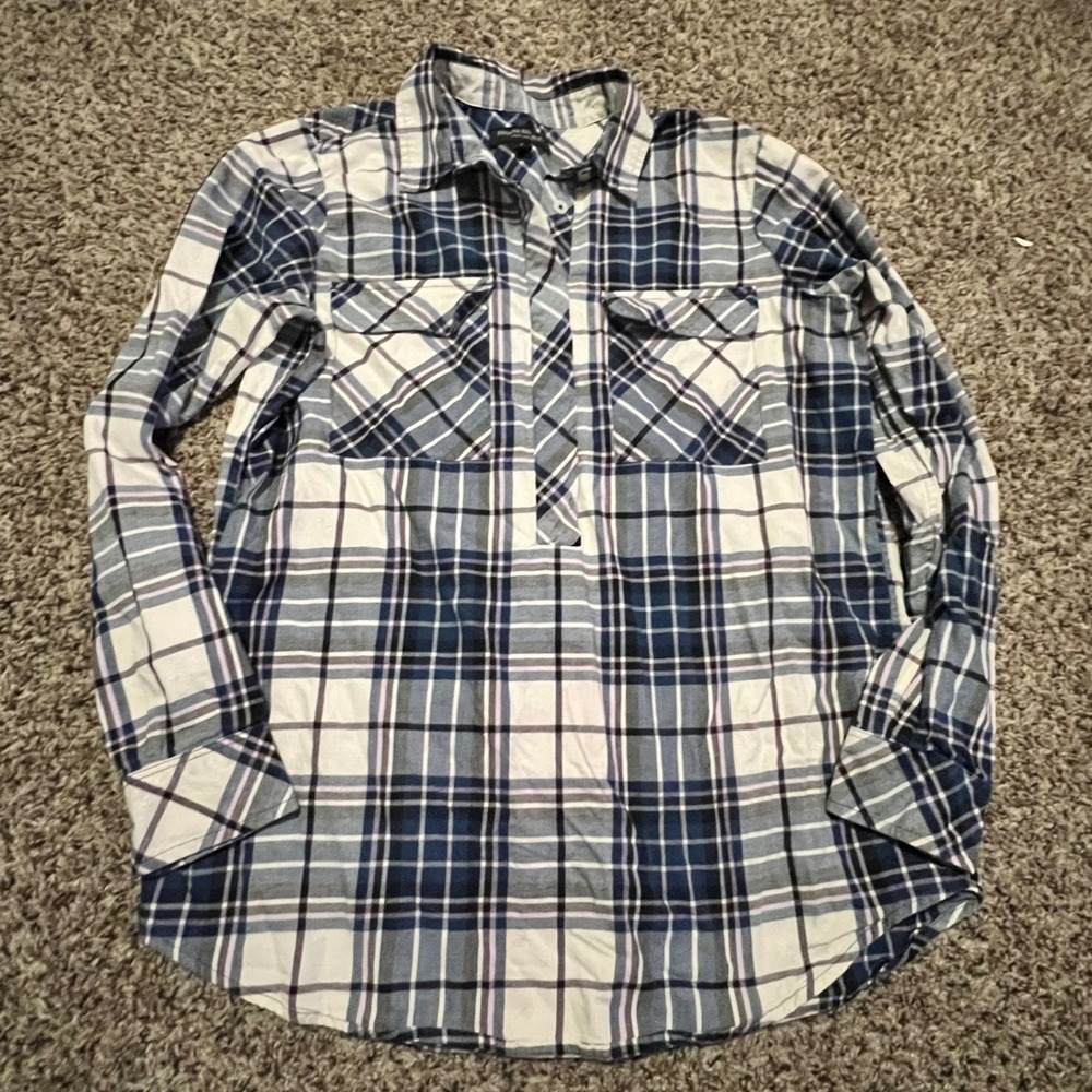Banana Republic Soft Wash Plaid Tunic Shirt Womens Small Blue White Cotton Top
